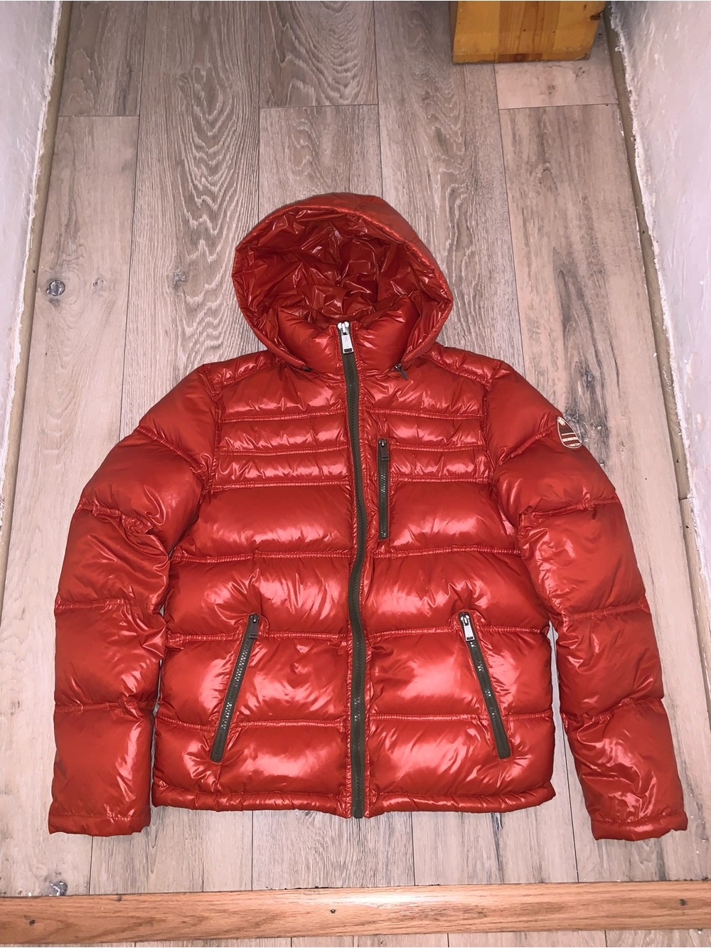 Guess Orange & Olive interior removable Hooded Puffer Jacket Size: Small